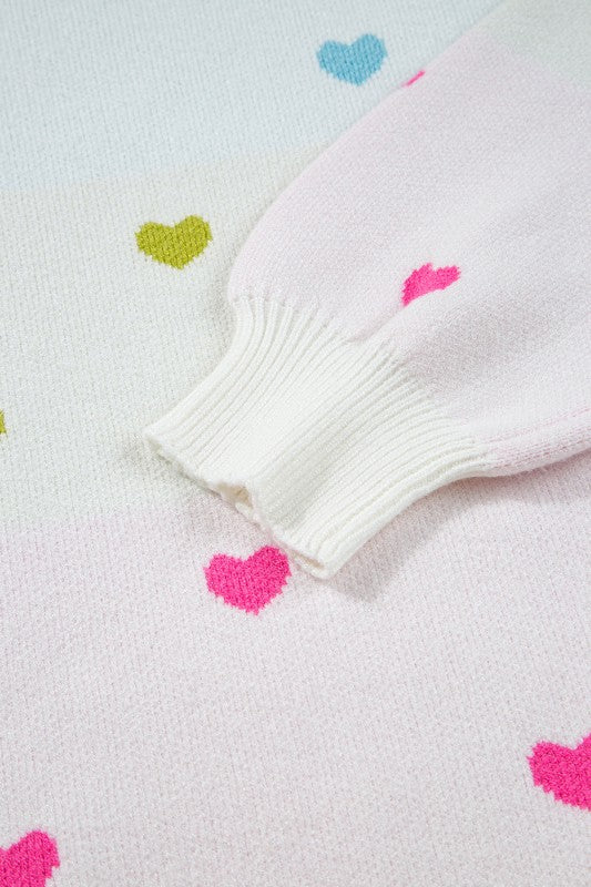 Colorblock Heart Mock Neck Drop Shoulder Sweater