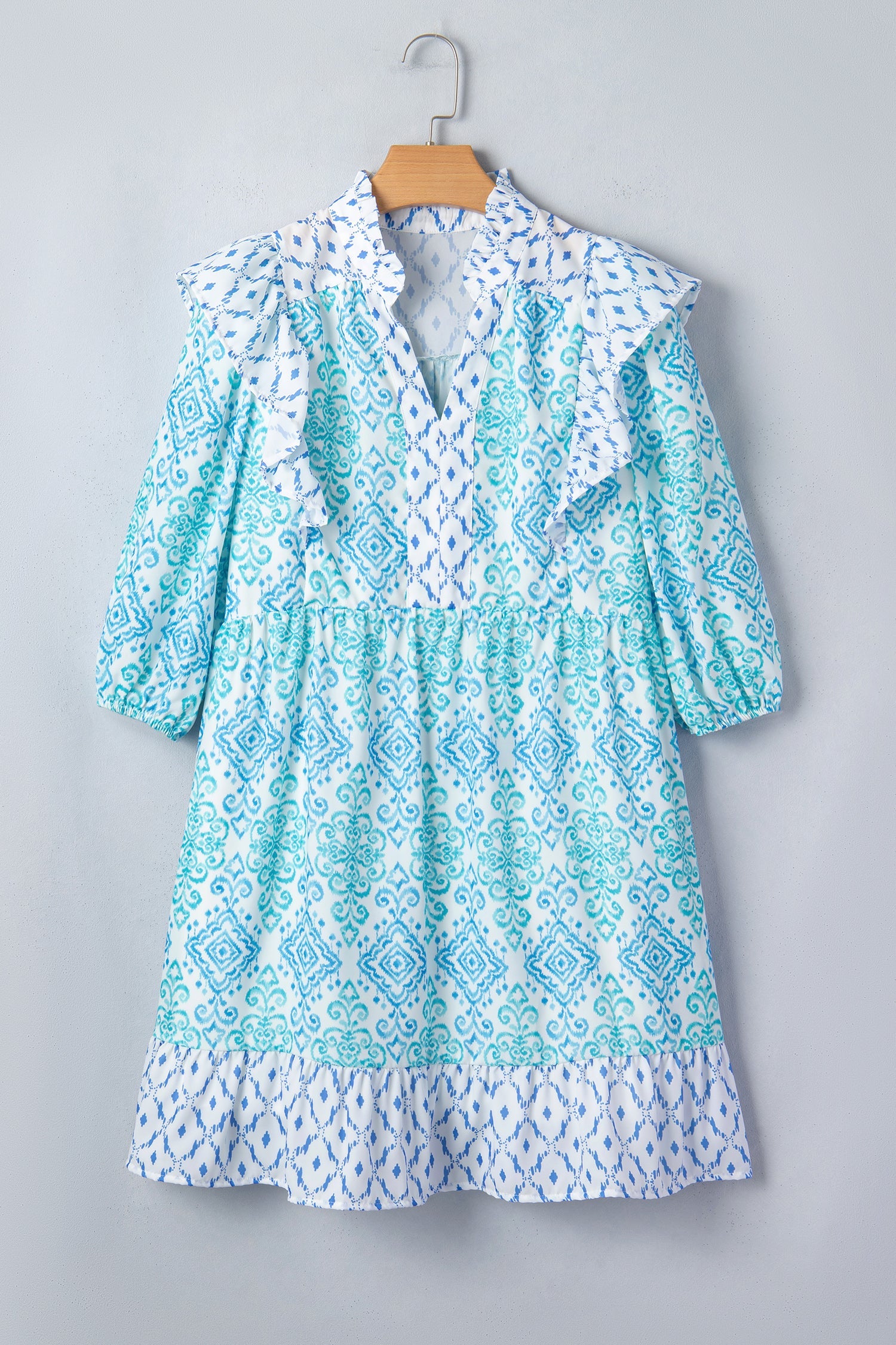Boho Geometric Patchwork Ruffle Puff Sleeve Dress
